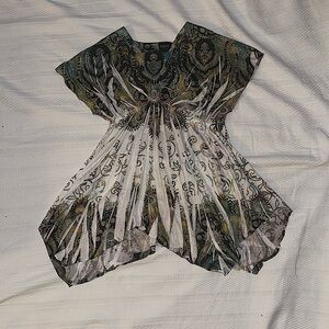 Print top with jeweled neckline